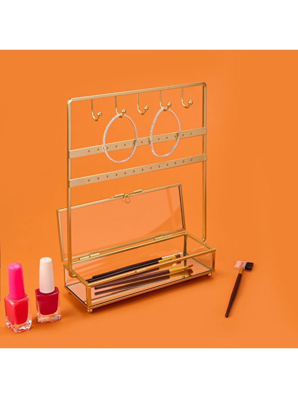 Sarı Cam Sandıklı Metal Takı Askısı - Altın - 20x7x27 cm-1