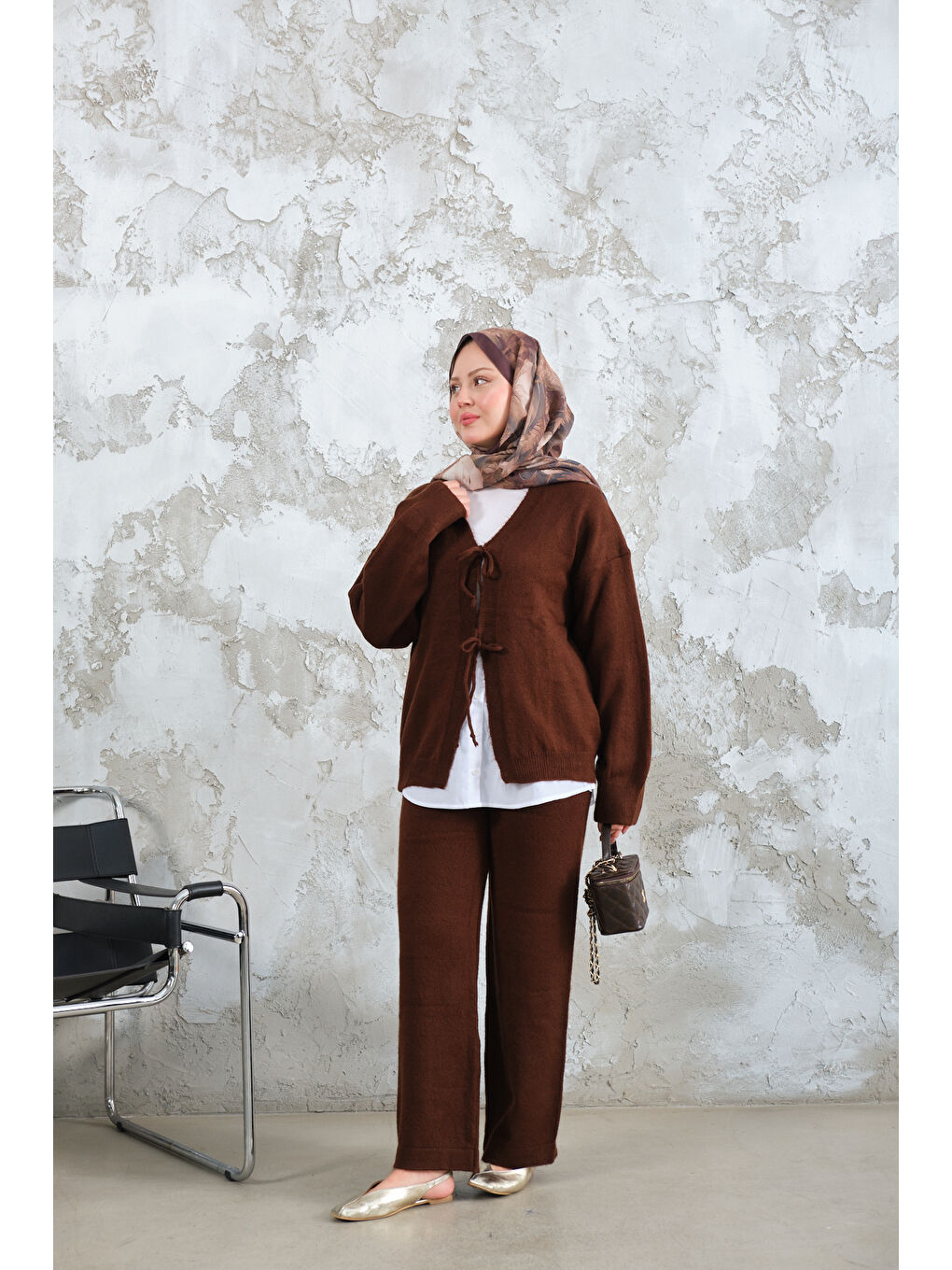 Kadın Ön Bağlamalı Triko Takım Kahverengi-2