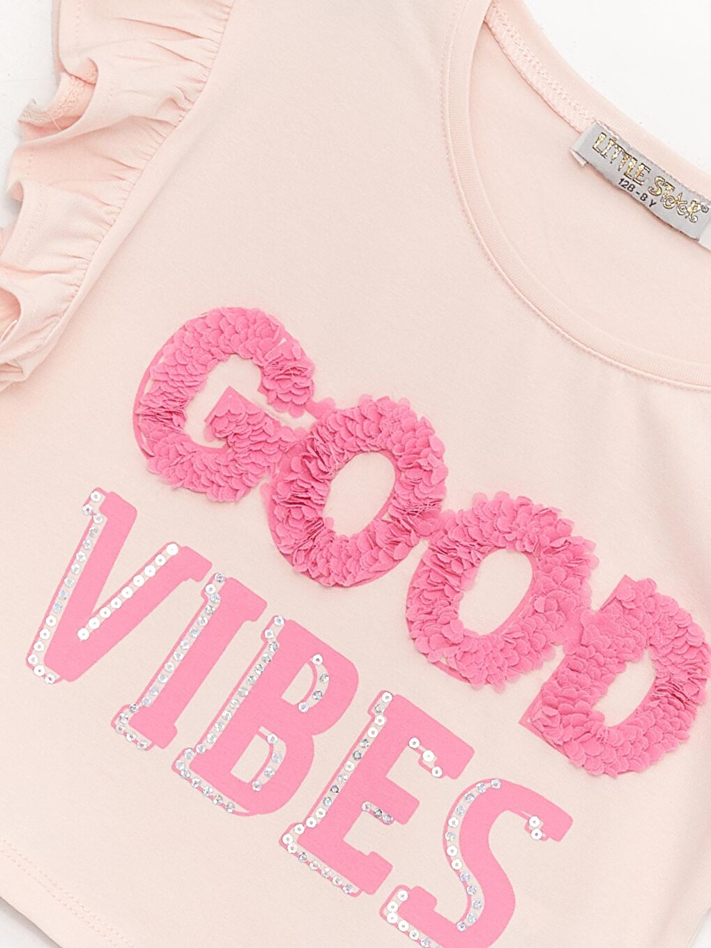 Pembe Kız Çocuk Fırfırlı Good Vibes Tişört-2