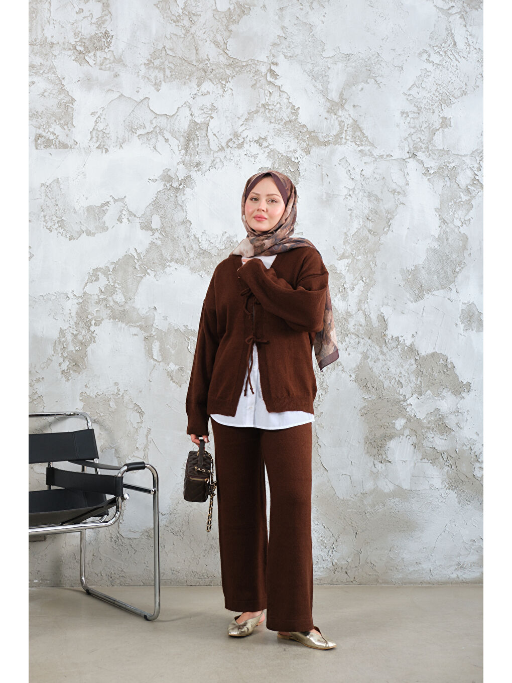 Kadın Ön Bağlamalı Triko Takım Kahverengi-3