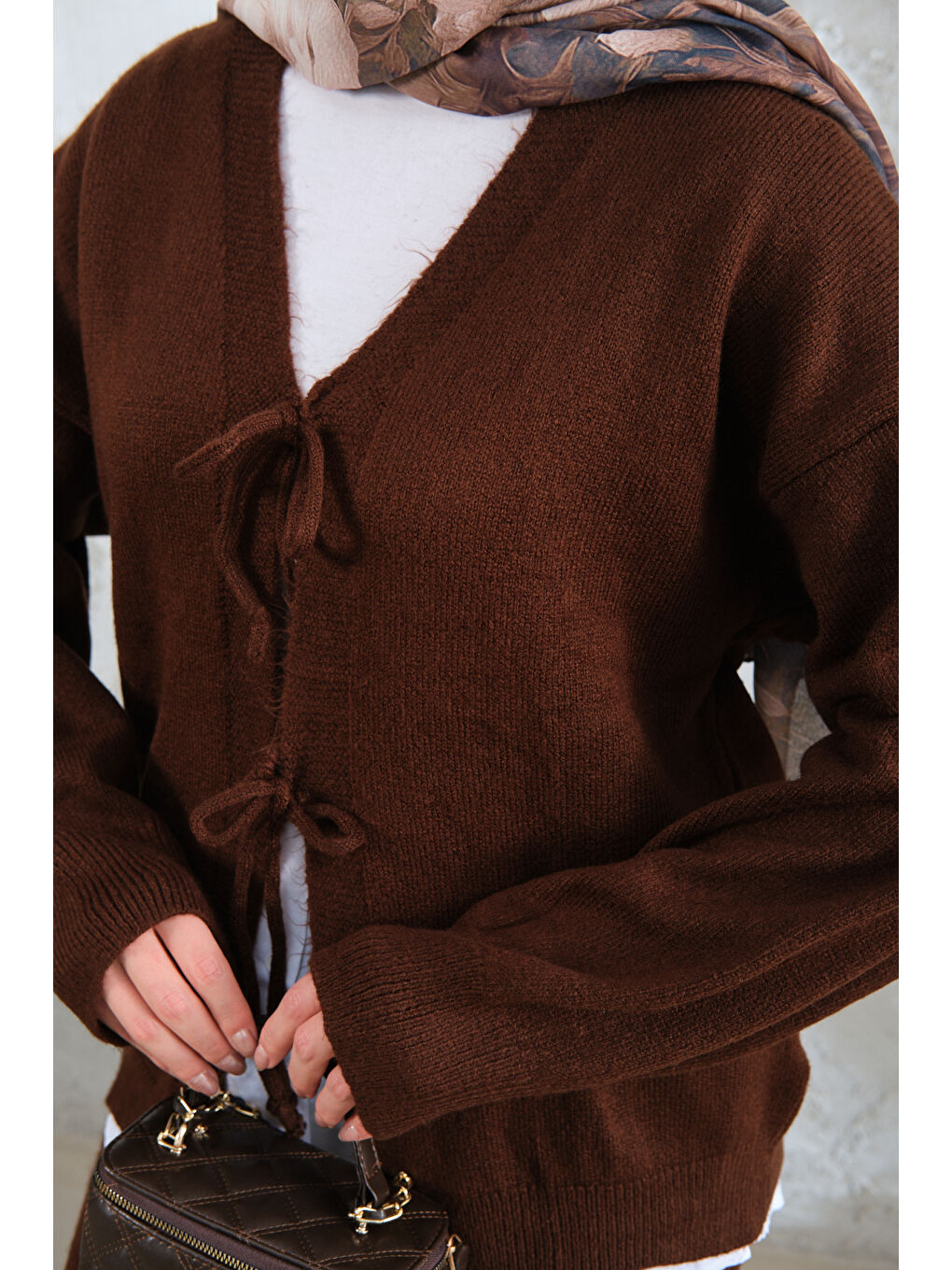 Kadın Ön Bağlamalı Triko Takım Kahverengi-4