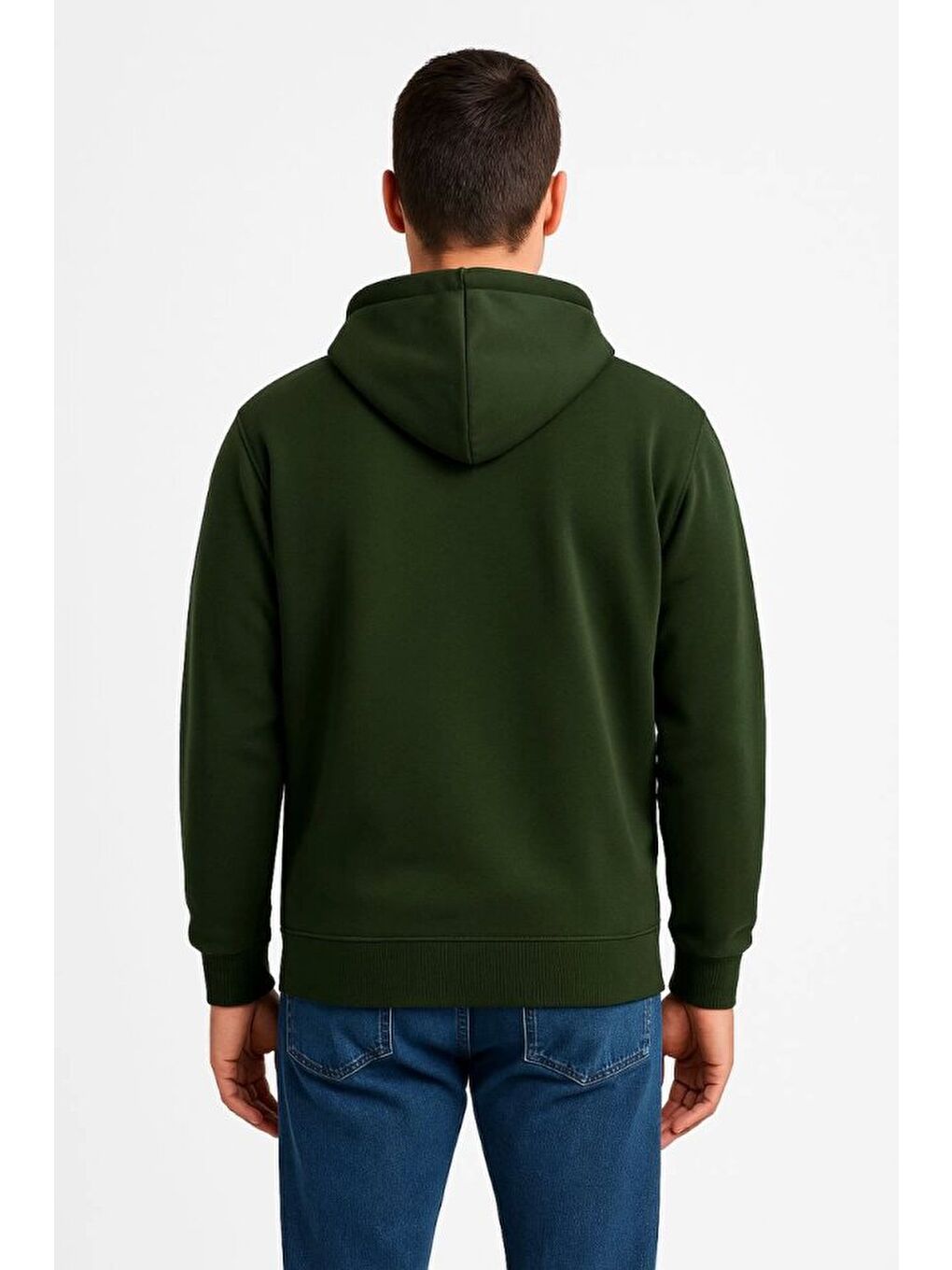 Erkek Üç İplik Kapüşonlu Tam Fermuarlı Kanguru Çepli SweatShirt Hoodie - Haki-1
