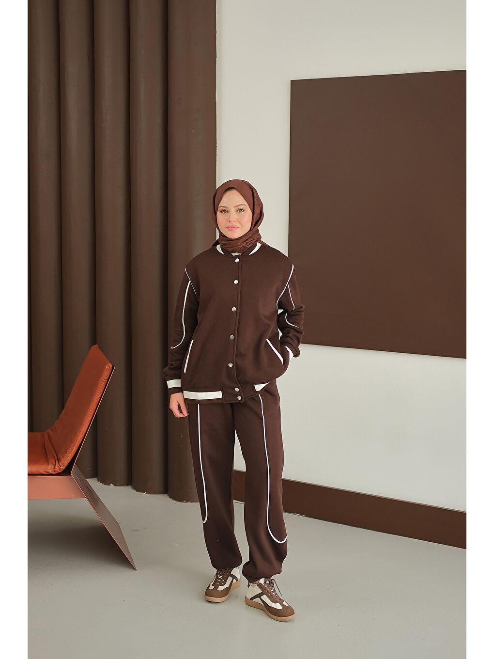 Kadın Şerit Detay Takım Kahverengi-3