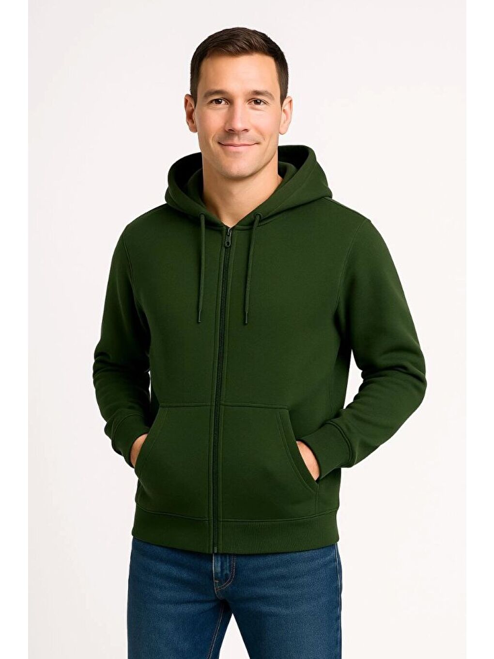 Erkek Üç İplik Kapüşonlu Tam Fermuarlı Kanguru Çepli SweatShirt Hoodie - Haki-2