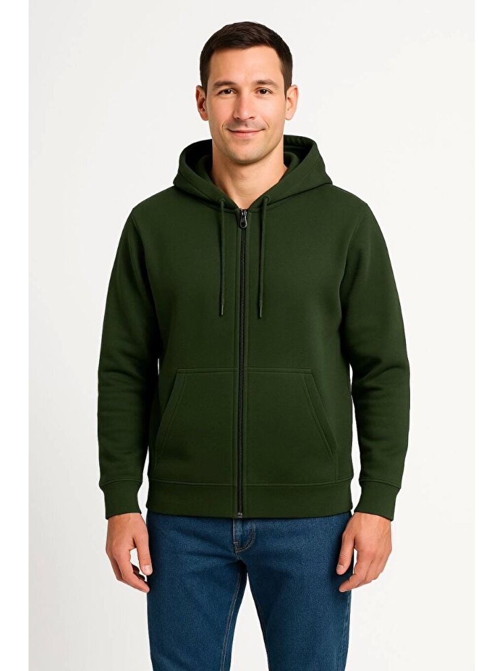 Erkek Üç İplik Kapüşonlu Tam Fermuarlı Kanguru Çepli SweatShirt Hoodie - Haki-3
