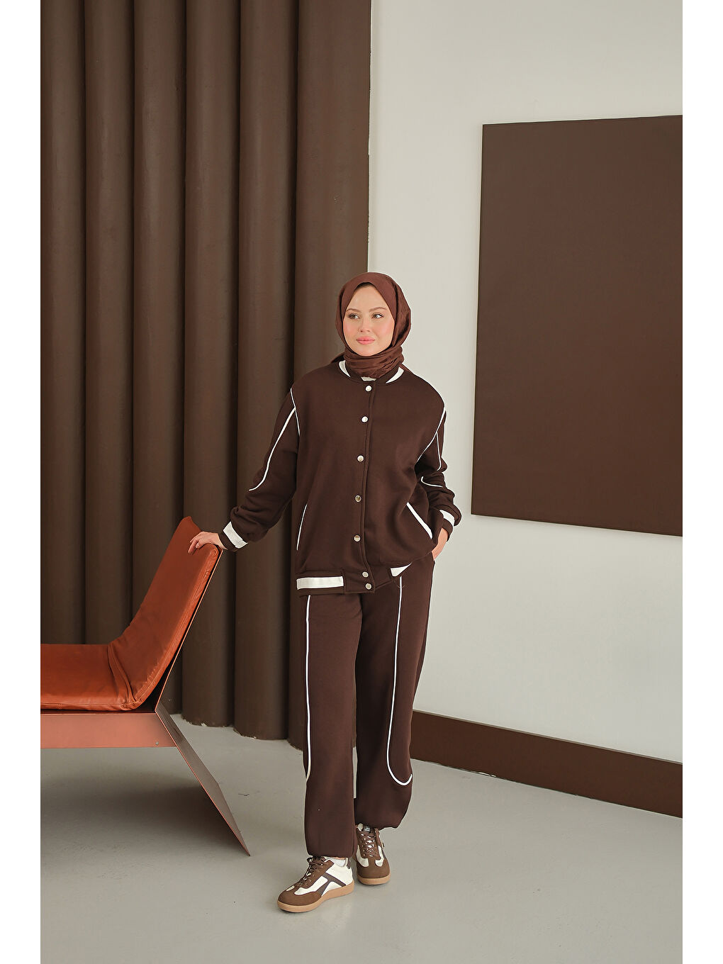 Kadın Şerit Detay Takım Kahverengi-4