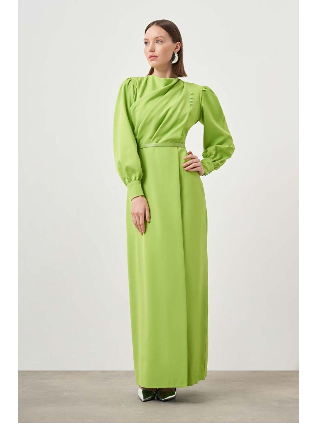 Düğme Detaylı Krep Abiye Yeşil Elbise