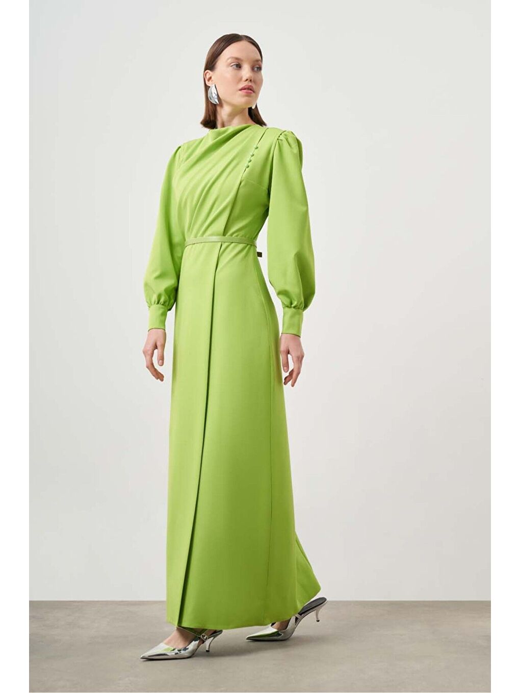 Düğme Detaylı Krep Abiye Yeşil Elbise-1