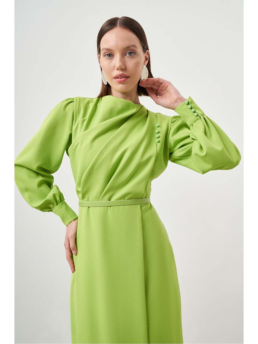 Düğme Detaylı Krep Abiye Yeşil Elbise-2