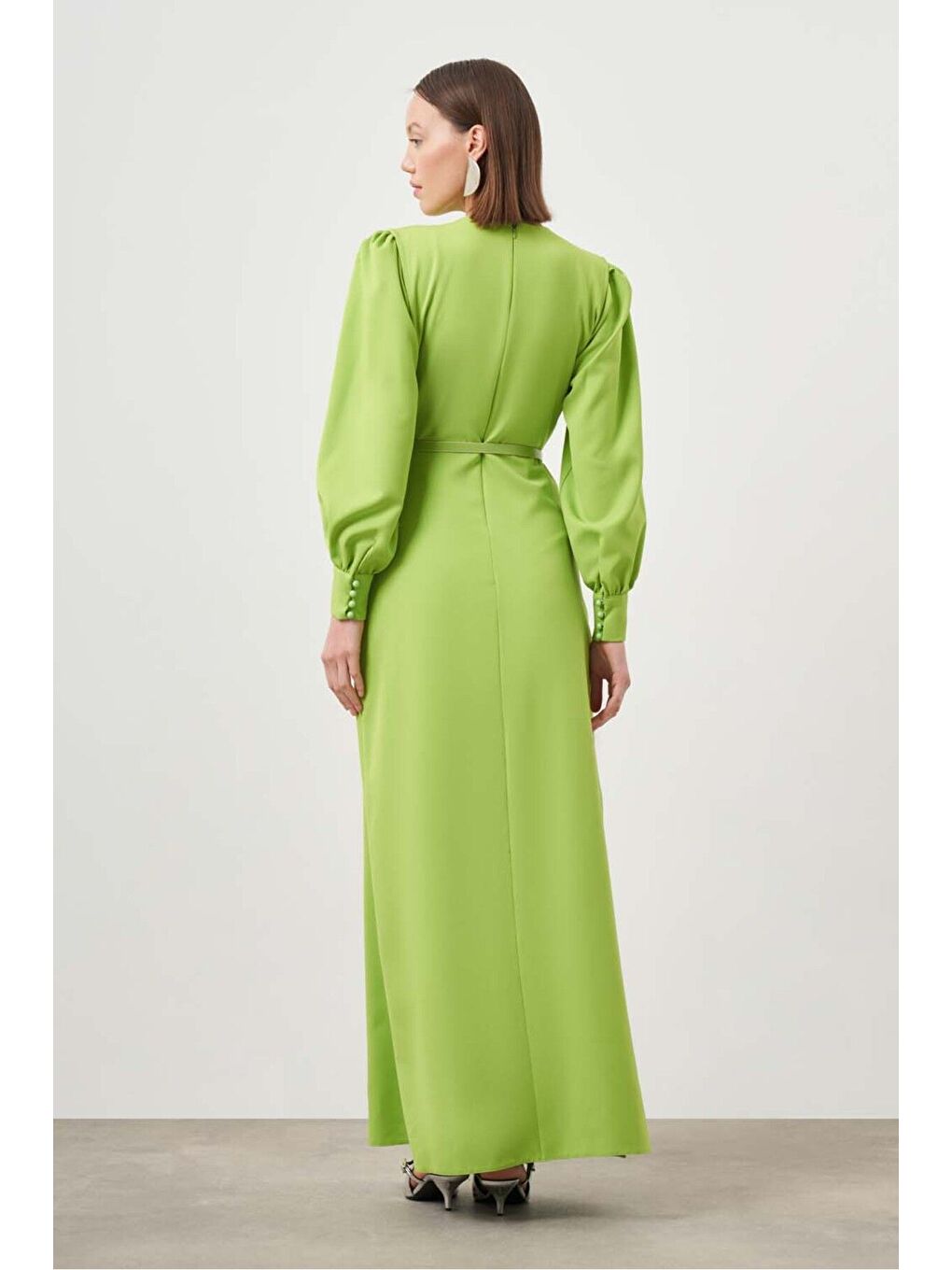 Düğme Detaylı Krep Abiye Yeşil Elbise-4