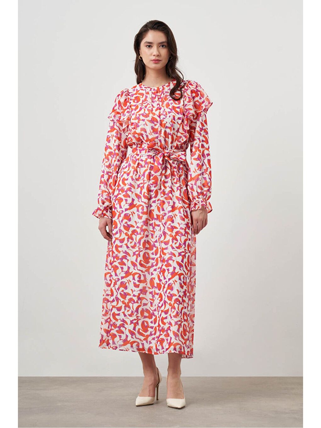 Karışık Botanik Desenli Şifon Nar Çiçeği Elbise