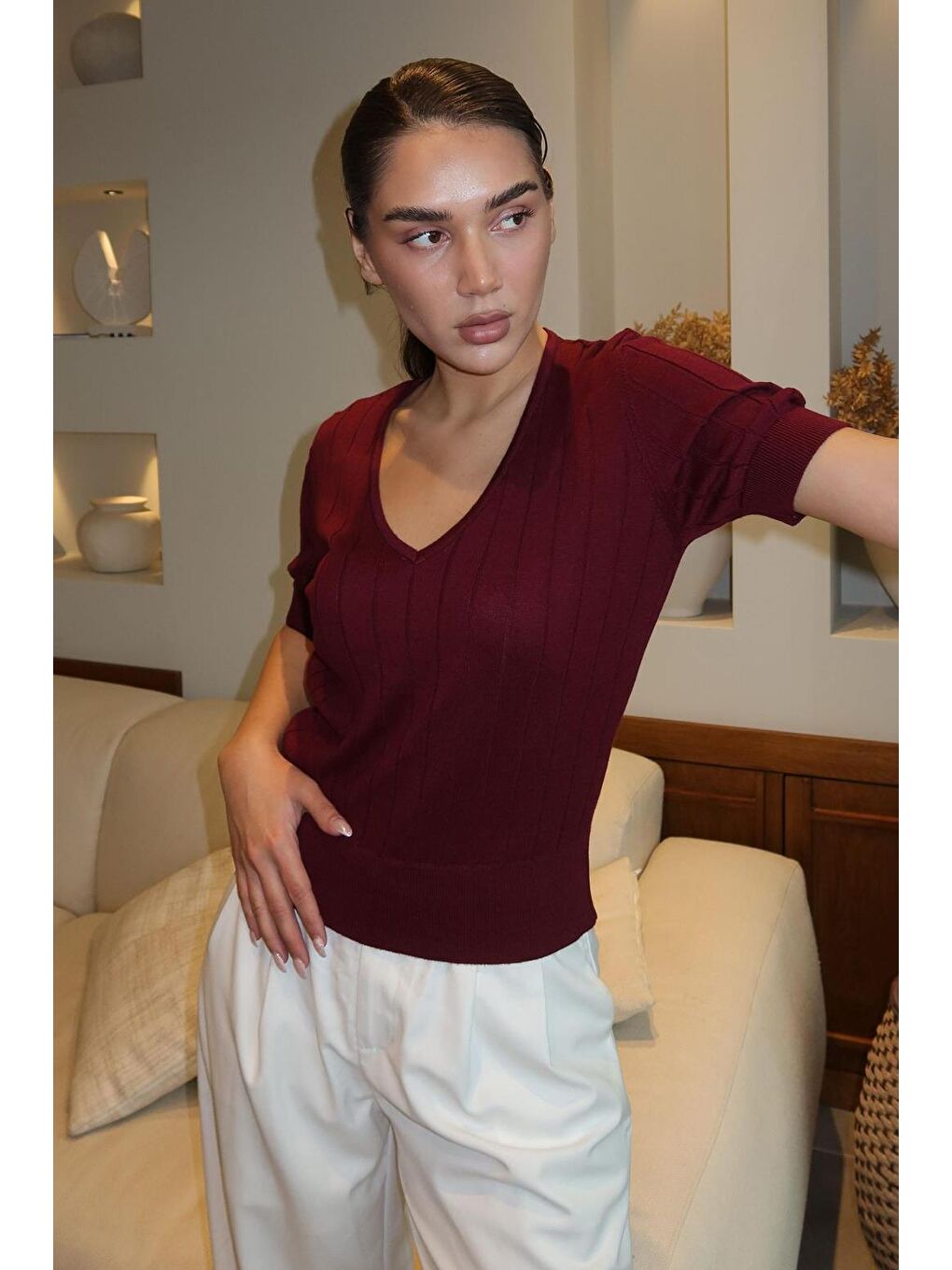 Bordo V Yaka Örgülü Kadın Triko Tişört Mg2369-4