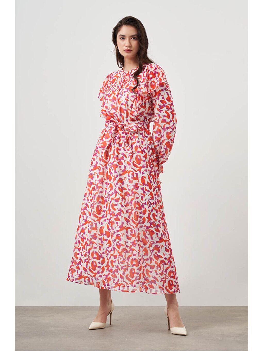 Karışık Botanik Desenli Şifon Nar Çiçeği Elbise-1