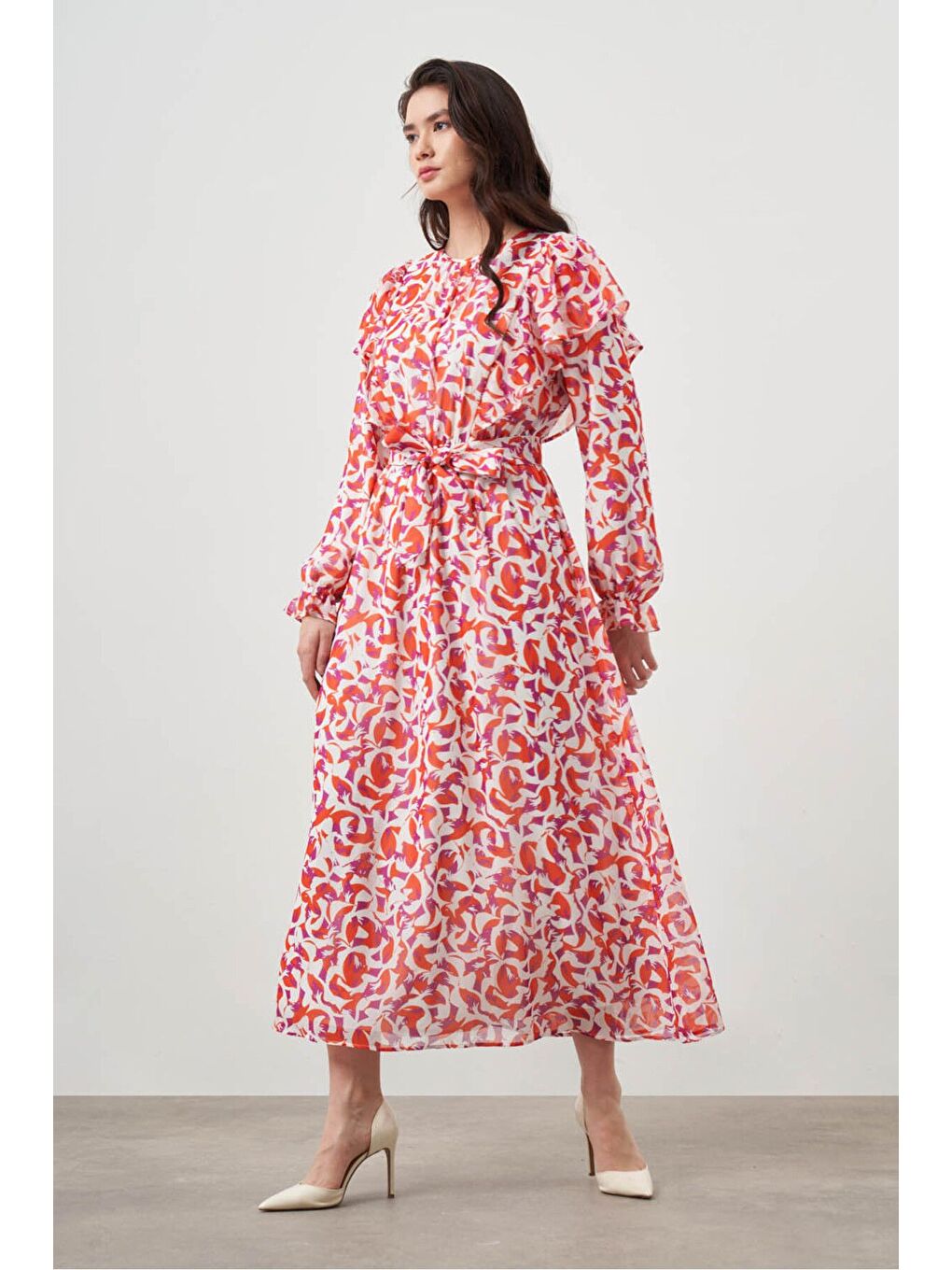 Karışık Botanik Desenli Şifon Nar Çiçeği Elbise-2