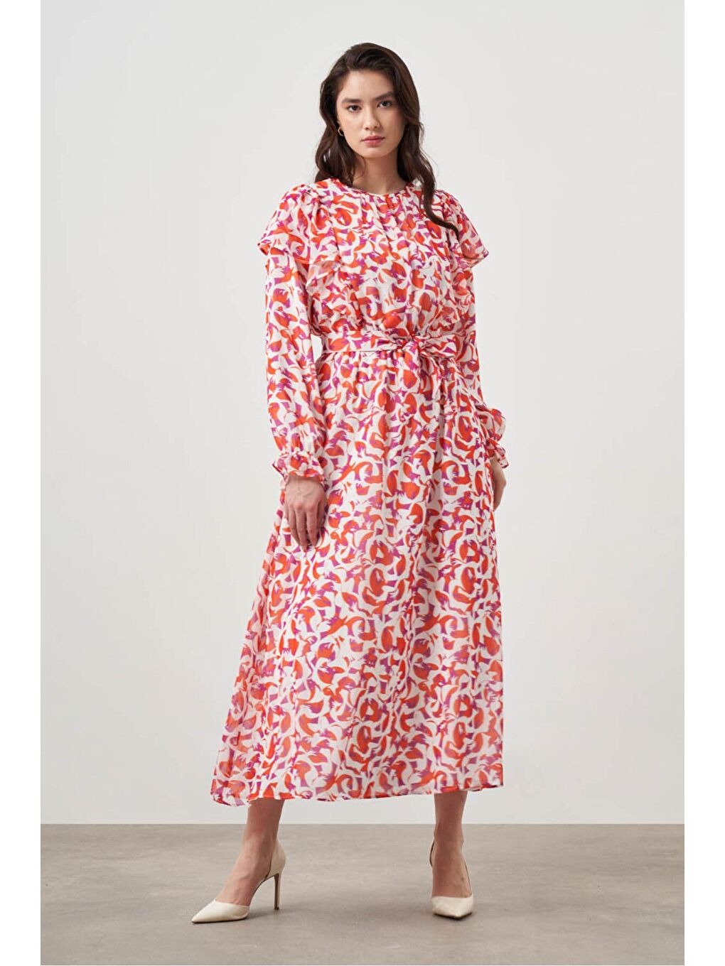 Karışık Botanik Desenli Şifon Nar Çiçeği Elbise-3