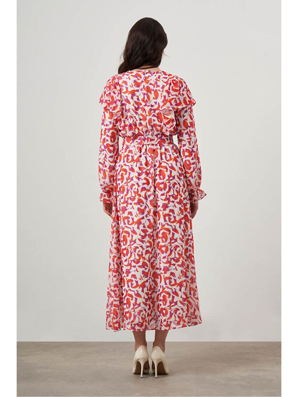 Karışık Botanik Desenli Şifon Nar Çiçeği Elbise-4
