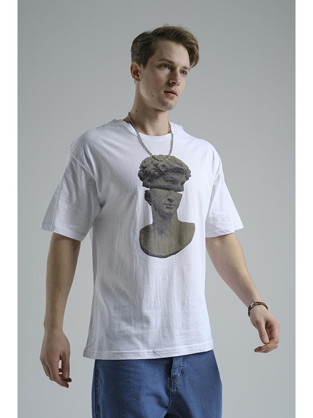 Beyaz Michelangelo Heykel Baskılı Unisex  Tişört-2