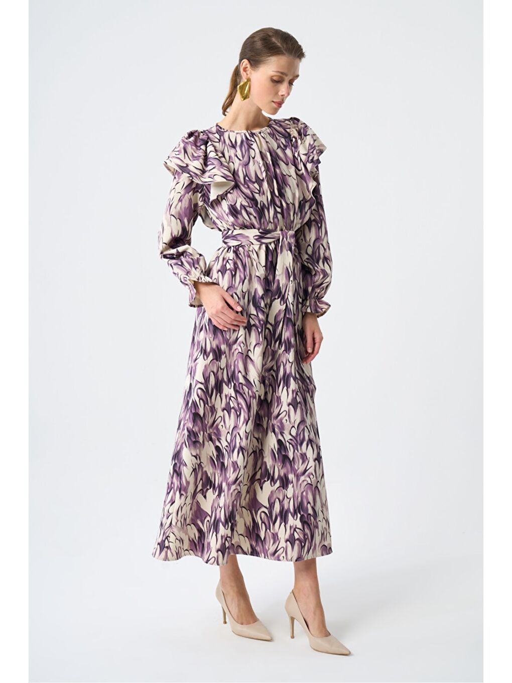 Kolu Fırfırlı Elips Mürdüm Elbise-1