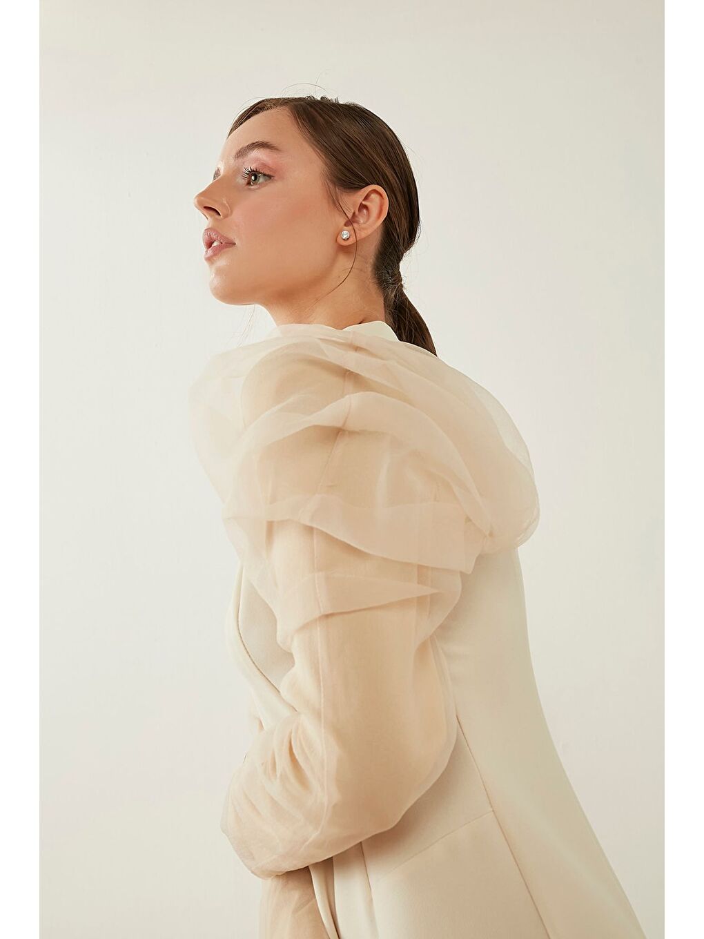 Organze Fırfırlı Ekru Elbise-2