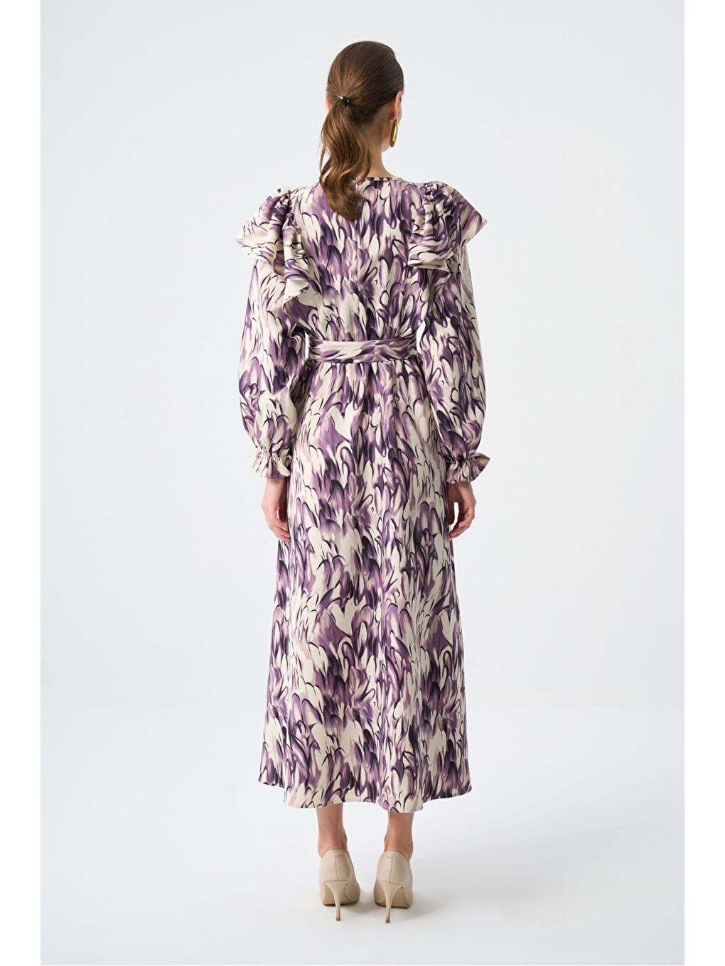 Kolu Fırfırlı Elips Mürdüm Elbise-4