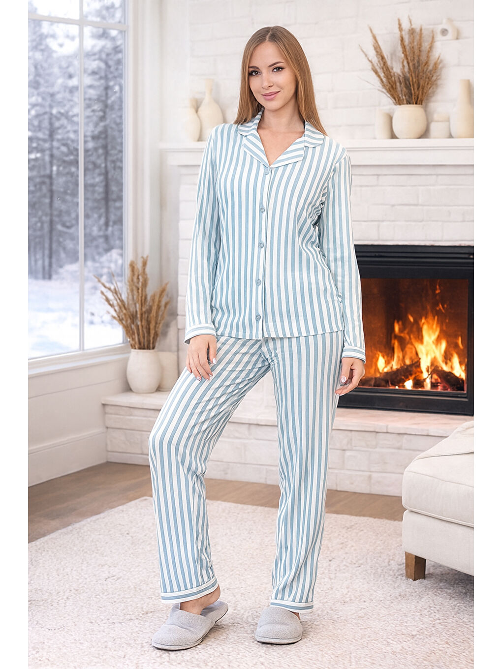 Kadın Çizgili Desen Önü Düğmeli Suprem Pijama Takımı 0490 Yeşil01