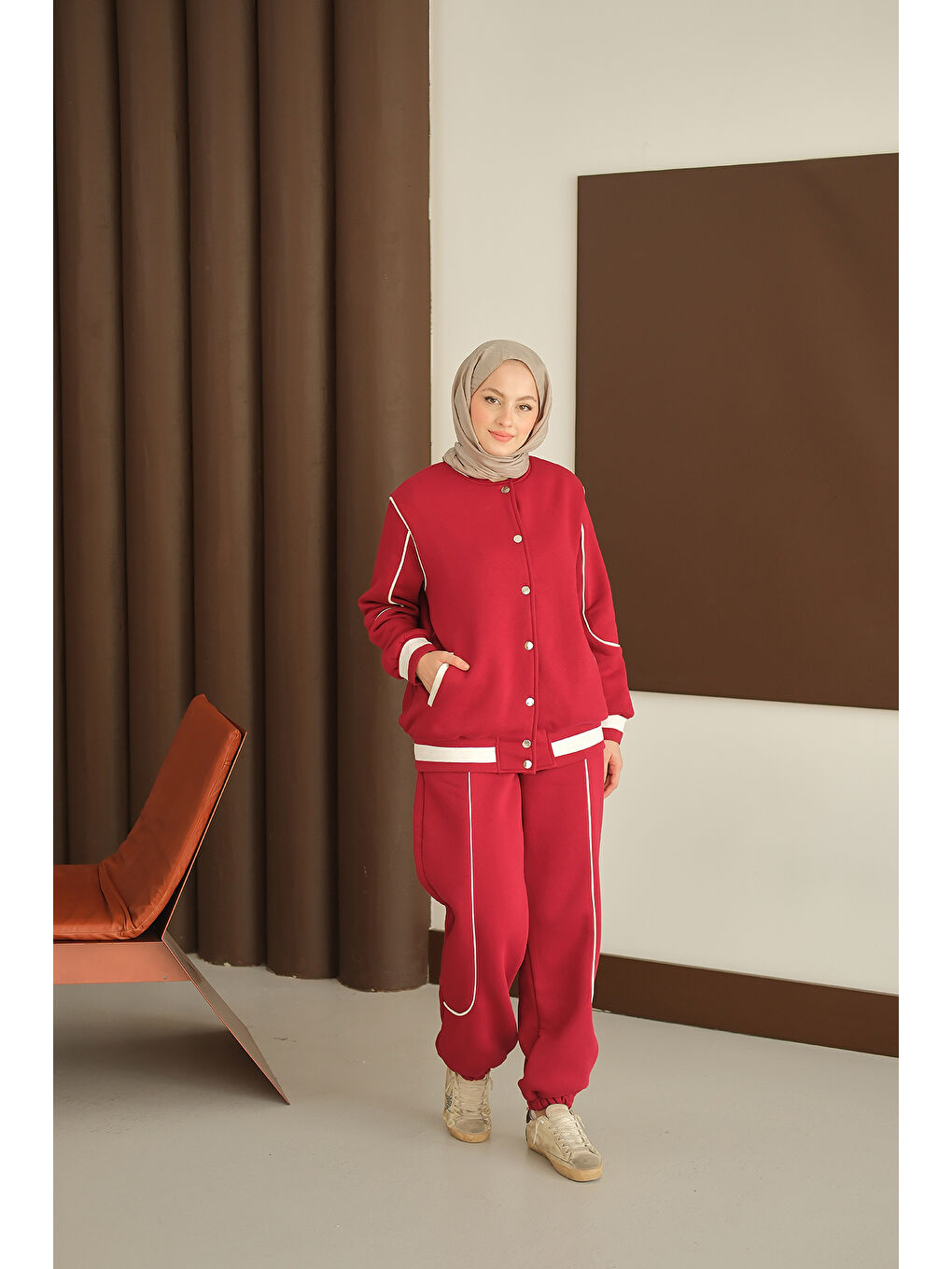 Kadın Şerit Detay Takım Bordo-1