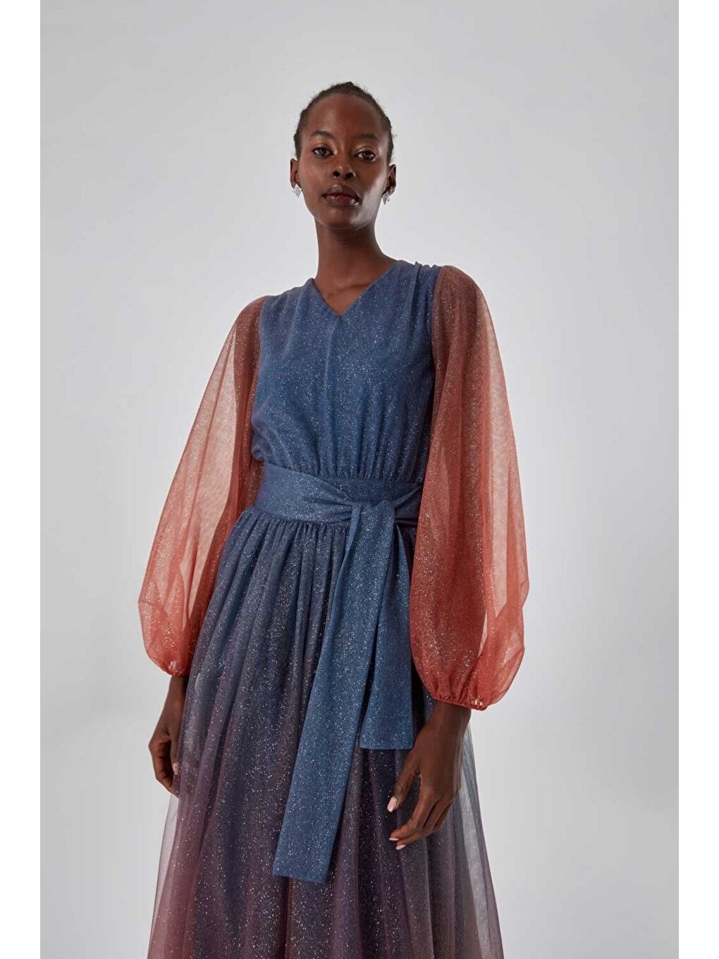 Batik Simli İndigo Tül Elbise