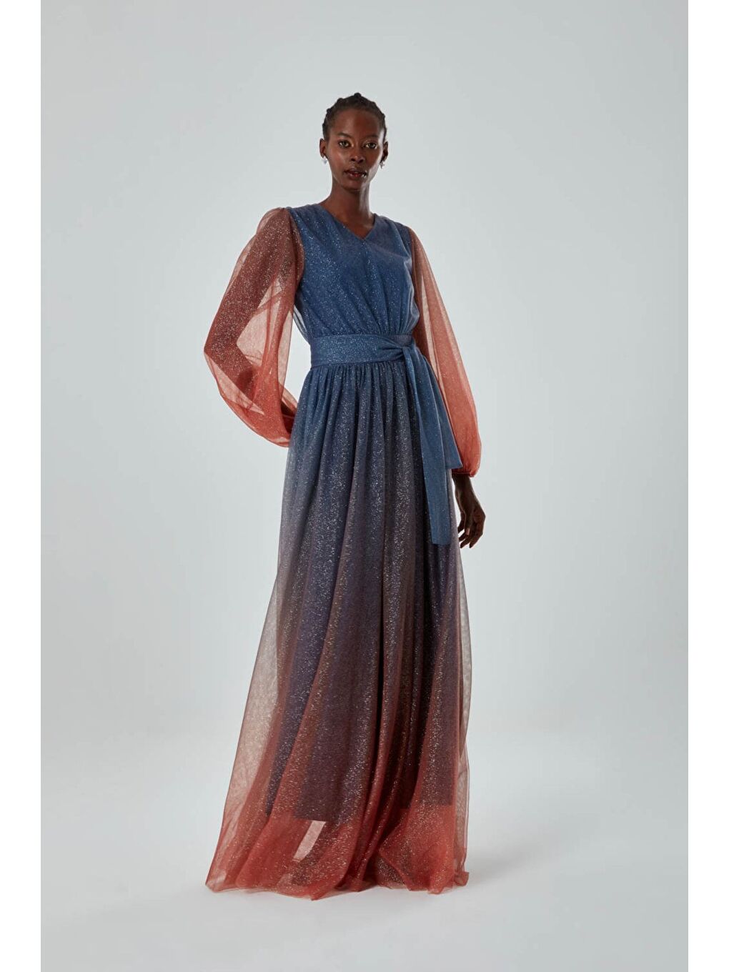 Batik Simli İndigo Tül Elbise-1