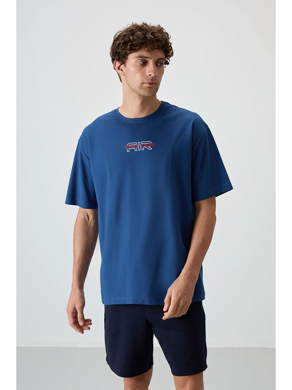 AIR JONES Mavi Pamuklu Kalın Yüzeyi Dokulu Oversize Fit  Baskılı Erkek T-Shirt - 88372