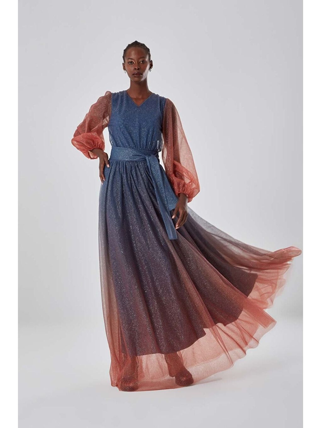 Batik Simli İndigo Tül Elbise-2