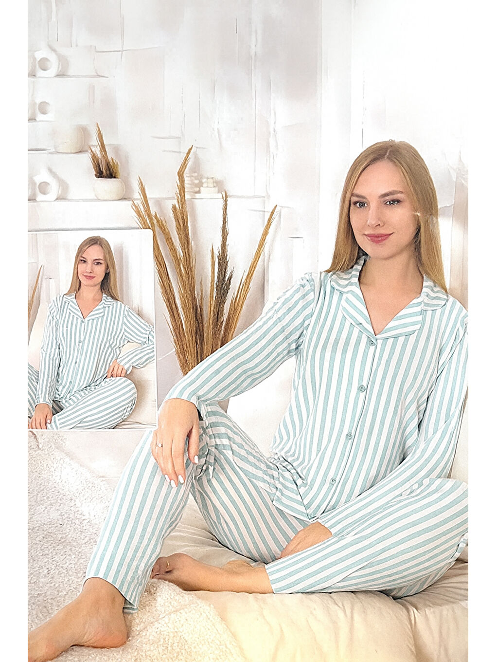 Kadın Çizgili Desen Önü Düğmeli Suprem Pijama Takımı 0490 Yeşil01-1