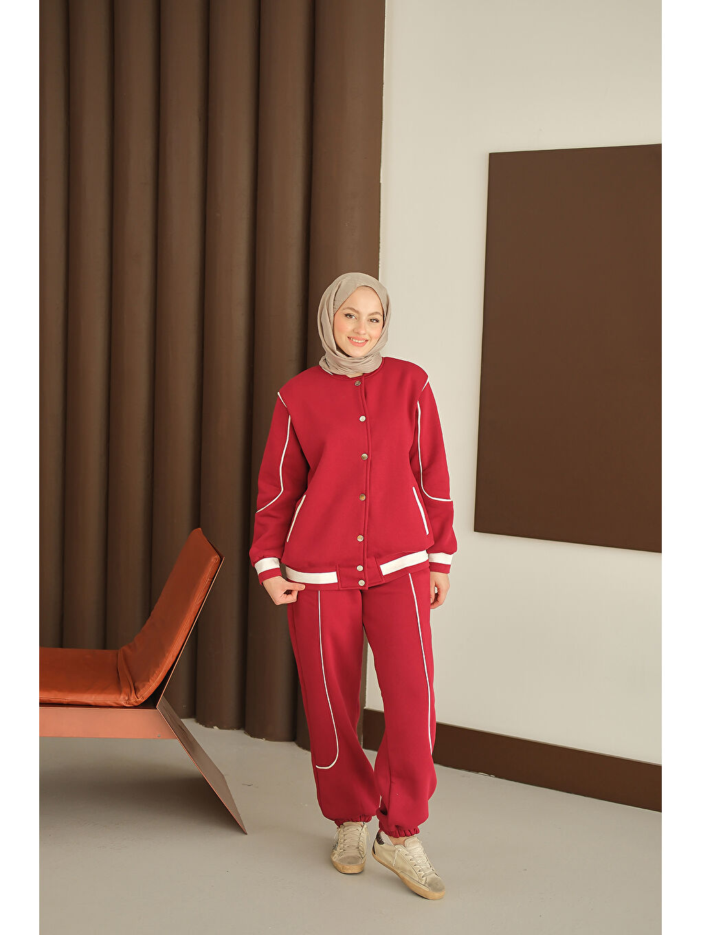 Kadın Şerit Detay Takım Bordo-3
