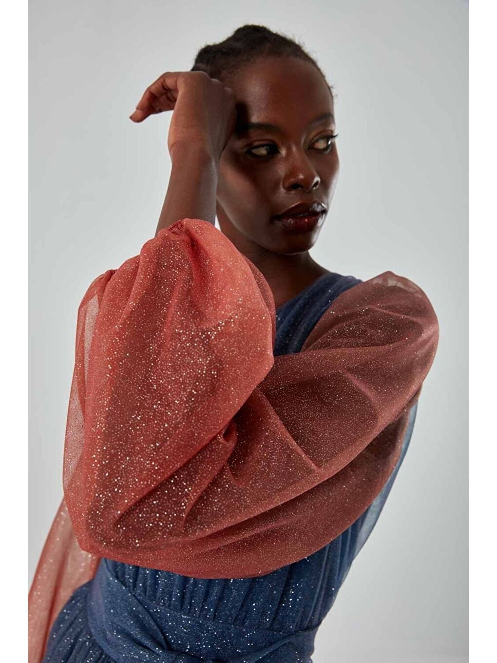 Batik Simli İndigo Tül Elbise-3