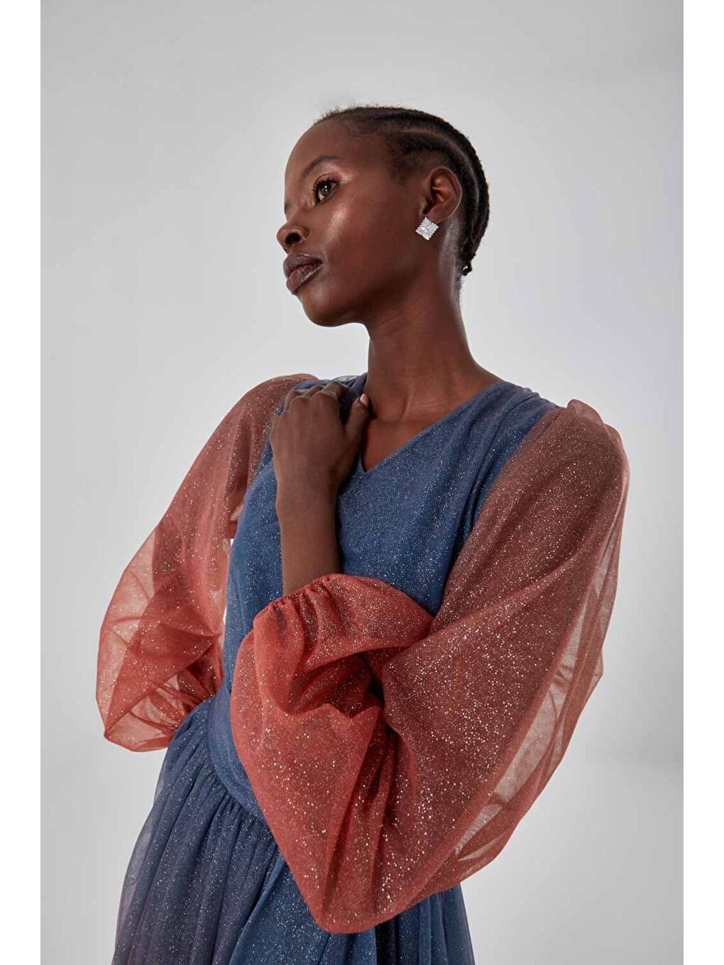 Batik Simli İndigo Tül Elbise-4