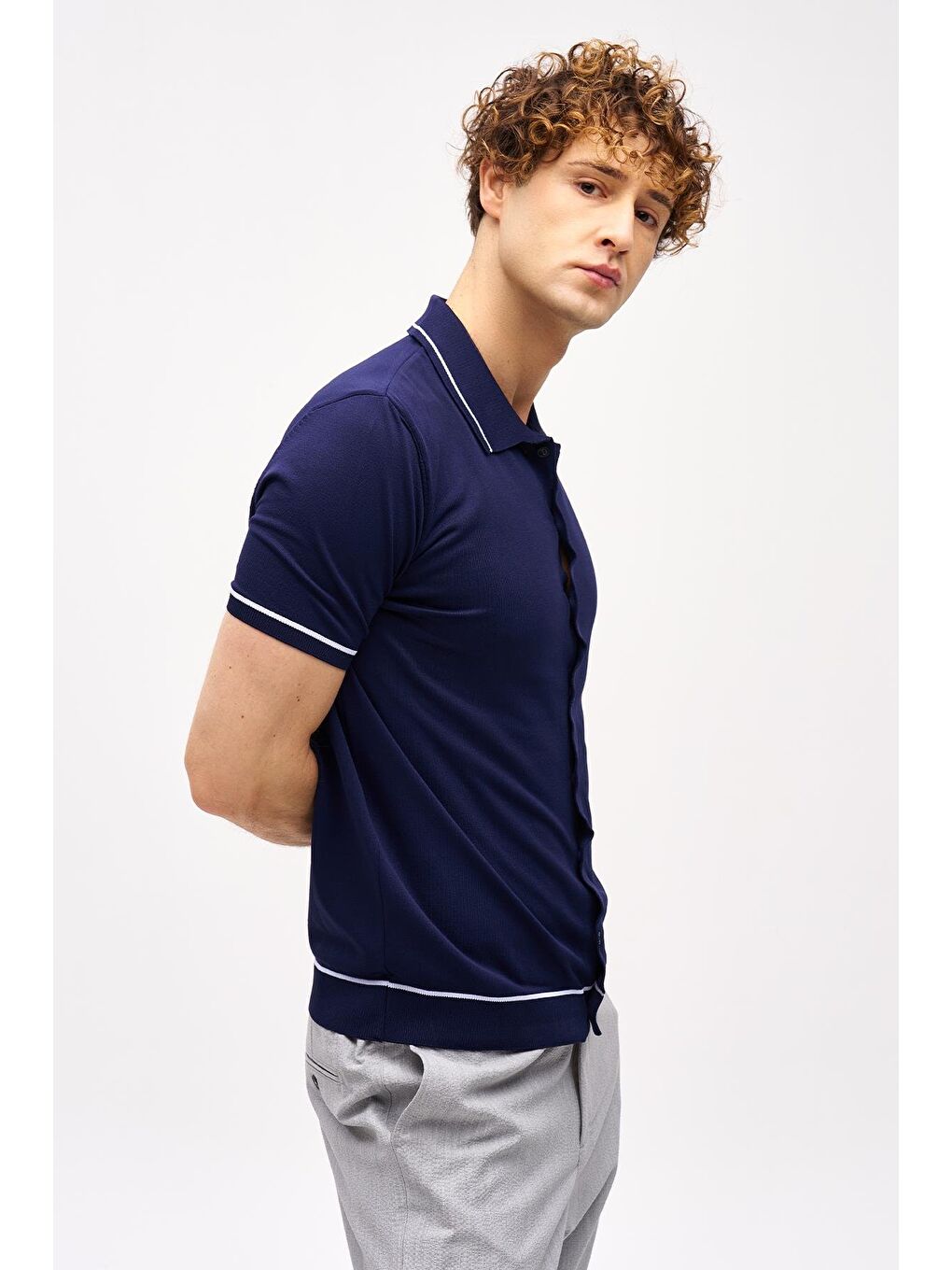 Lacivert Slim Fit Dar Kalıp Düğmeli Polo Yaka Desenli Kısa Kollu Triko Tişört-2