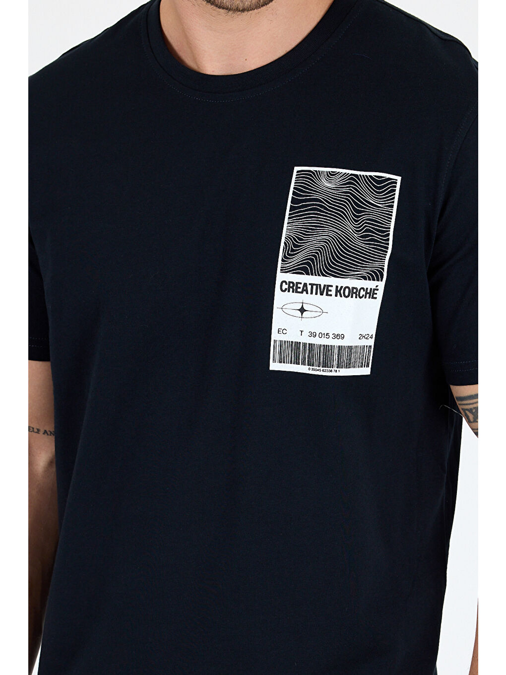 Lacivert Bisiklet Yaka Baskılı Penye Erkek %100 Pamuk Tişört-1