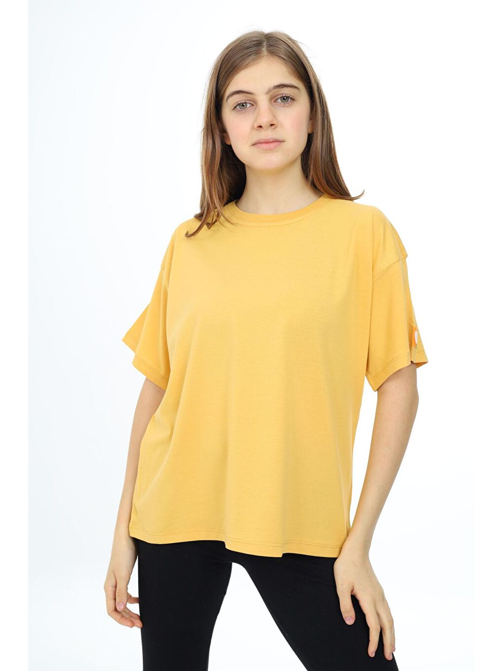 Kahverengi Hardal Kısa Kollu Basic Kız Çocuk T-shirt 17774