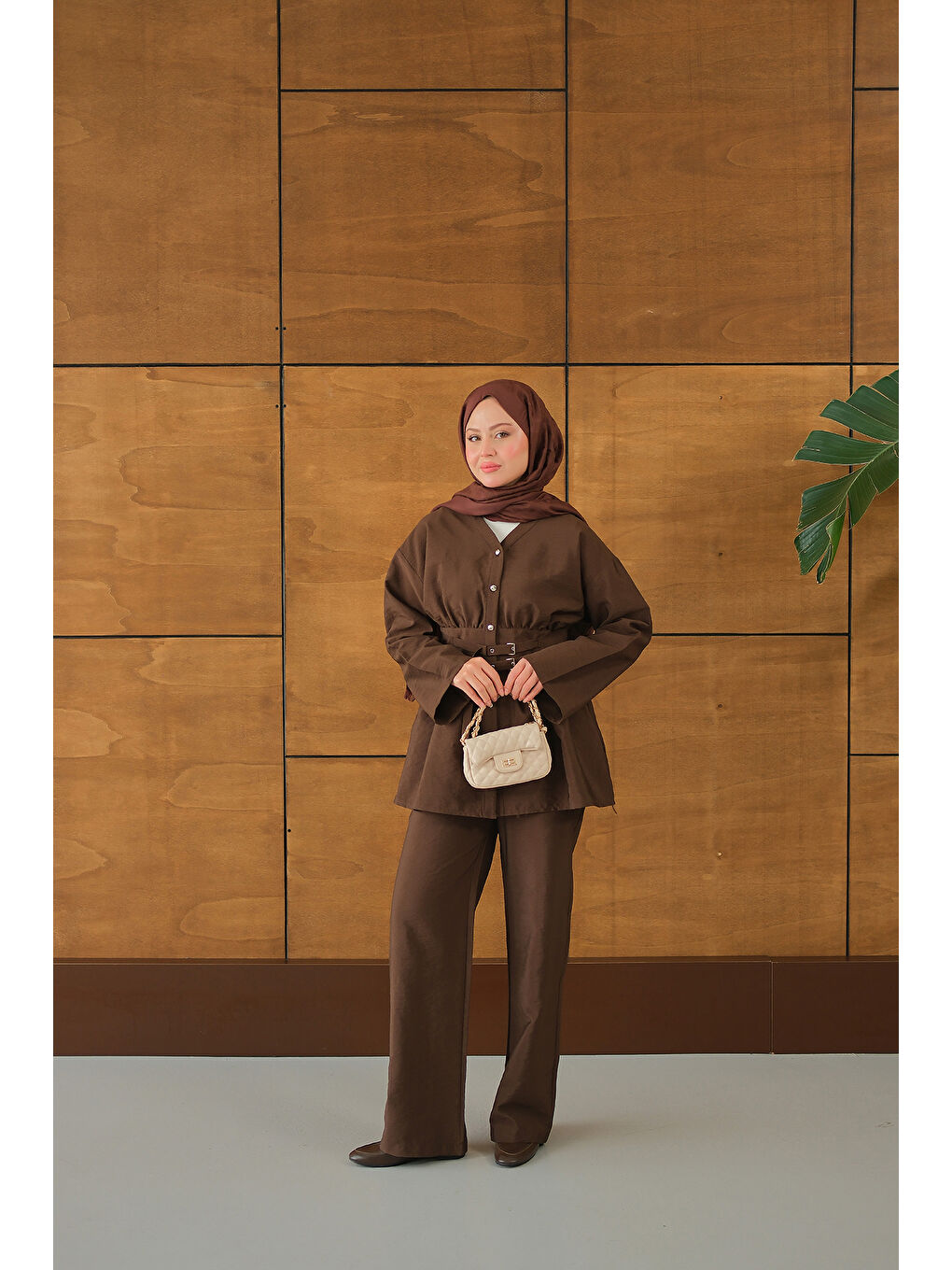 Kadın Kemer Detay İkili Takım Kahverengi-2