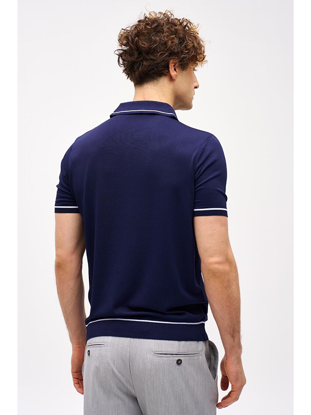 Lacivert Slim Fit Dar Kalıp Düğmeli Polo Yaka Desenli Kısa Kollu Triko Tişört-5