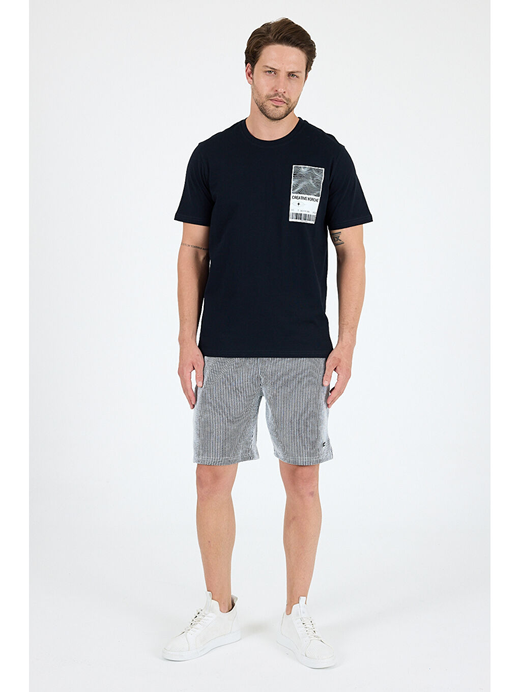 Lacivert Bisiklet Yaka Baskılı Penye Erkek %100 Pamuk Tişört-3