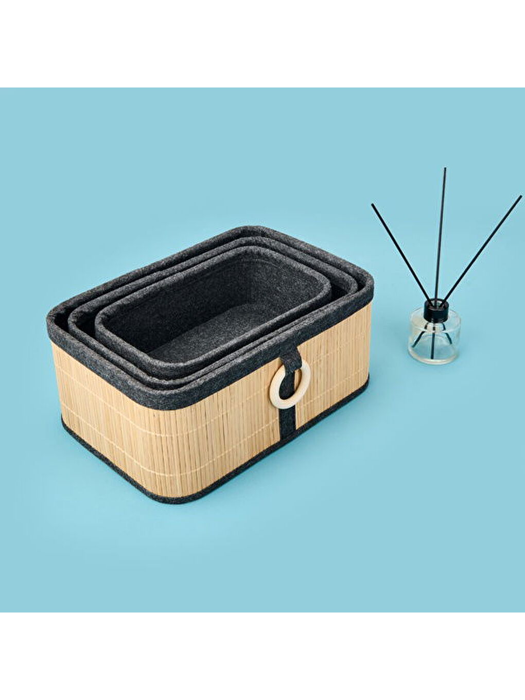 Karışık 3'lü Bambu Sepet - Kahverengi / Gri-1