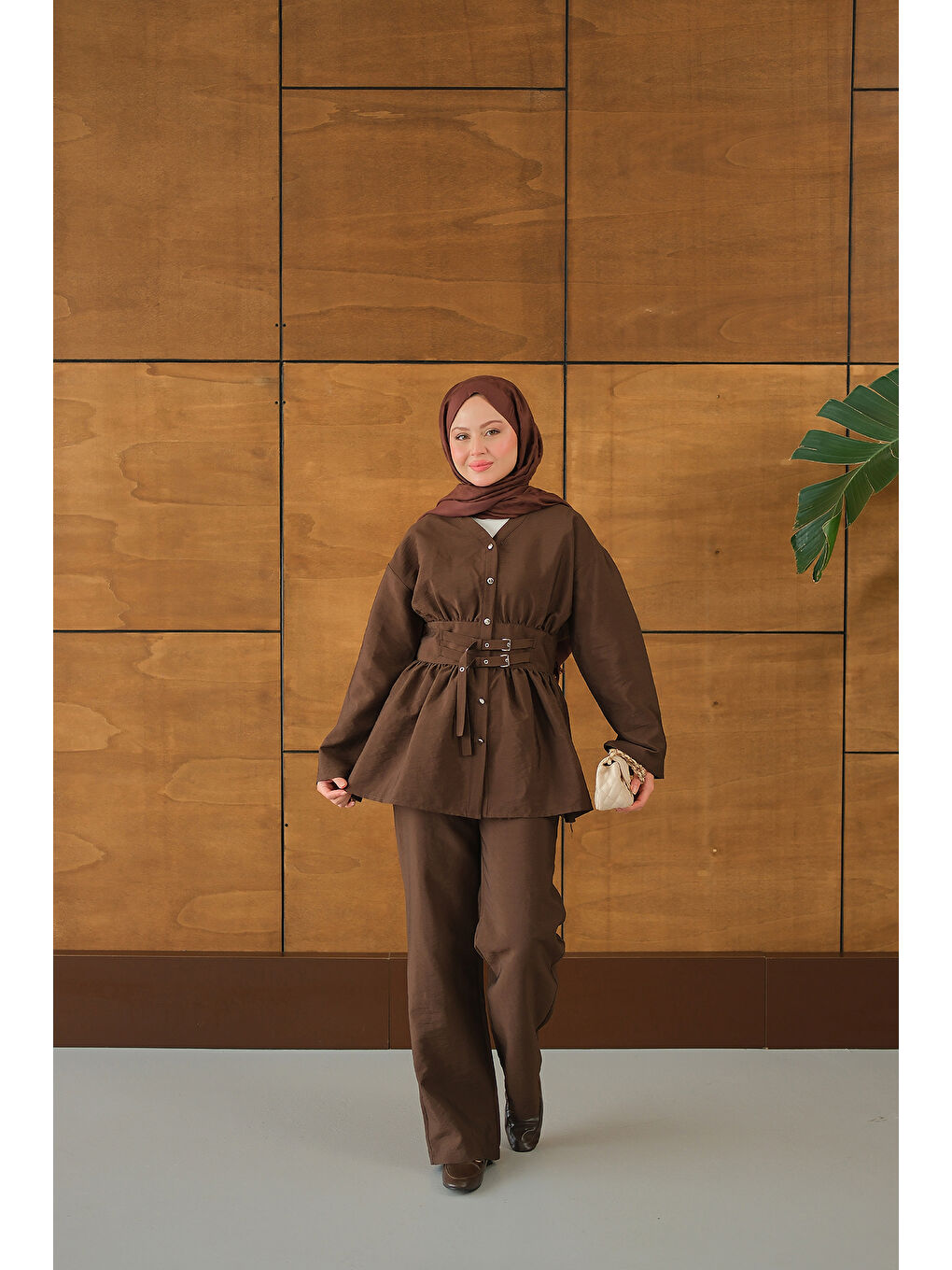 Kadın Kemer Detay İkili Takım Kahverengi-3