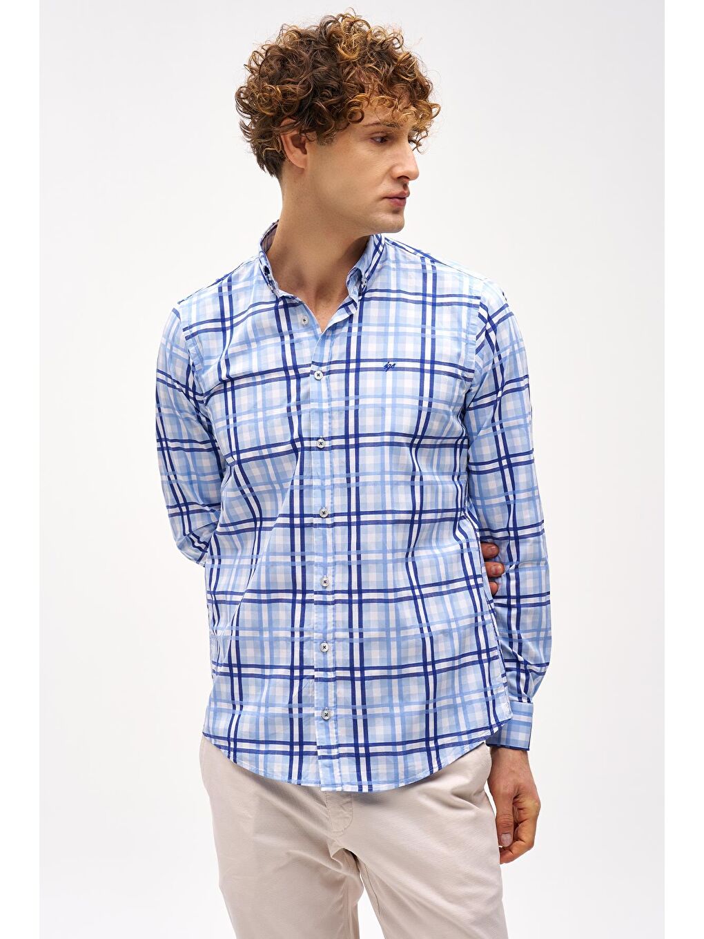 Mavi Dynamic Fit Düğmeli Yaka Ekose Uzun Kollu Cepsiz %100 Pamuk Gömlek-1