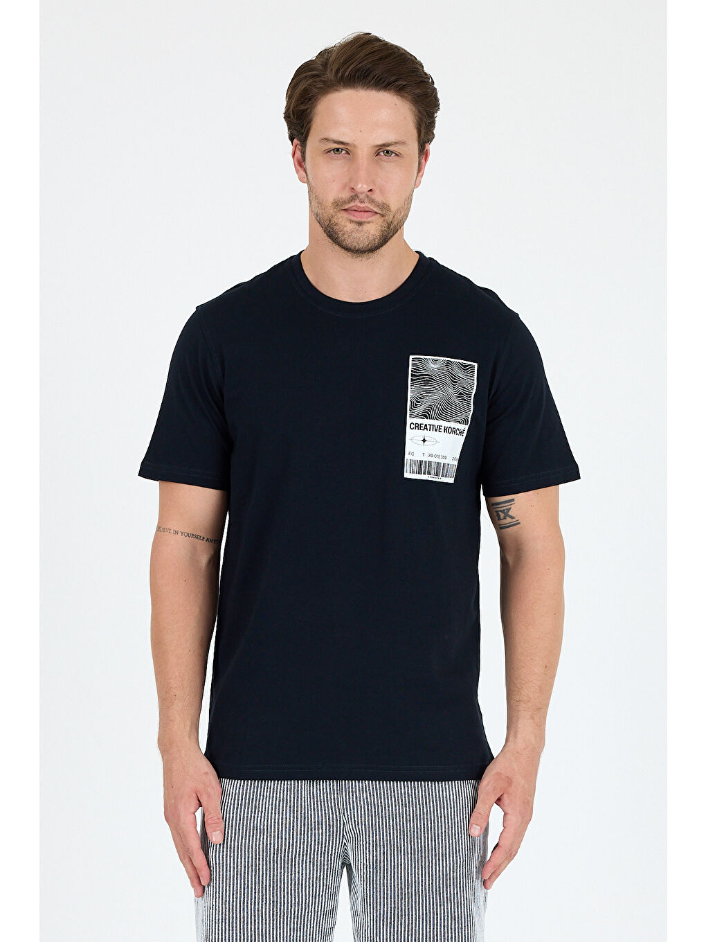 Lacivert Bisiklet Yaka Baskılı Penye Erkek %100 Pamuk Tişört-4