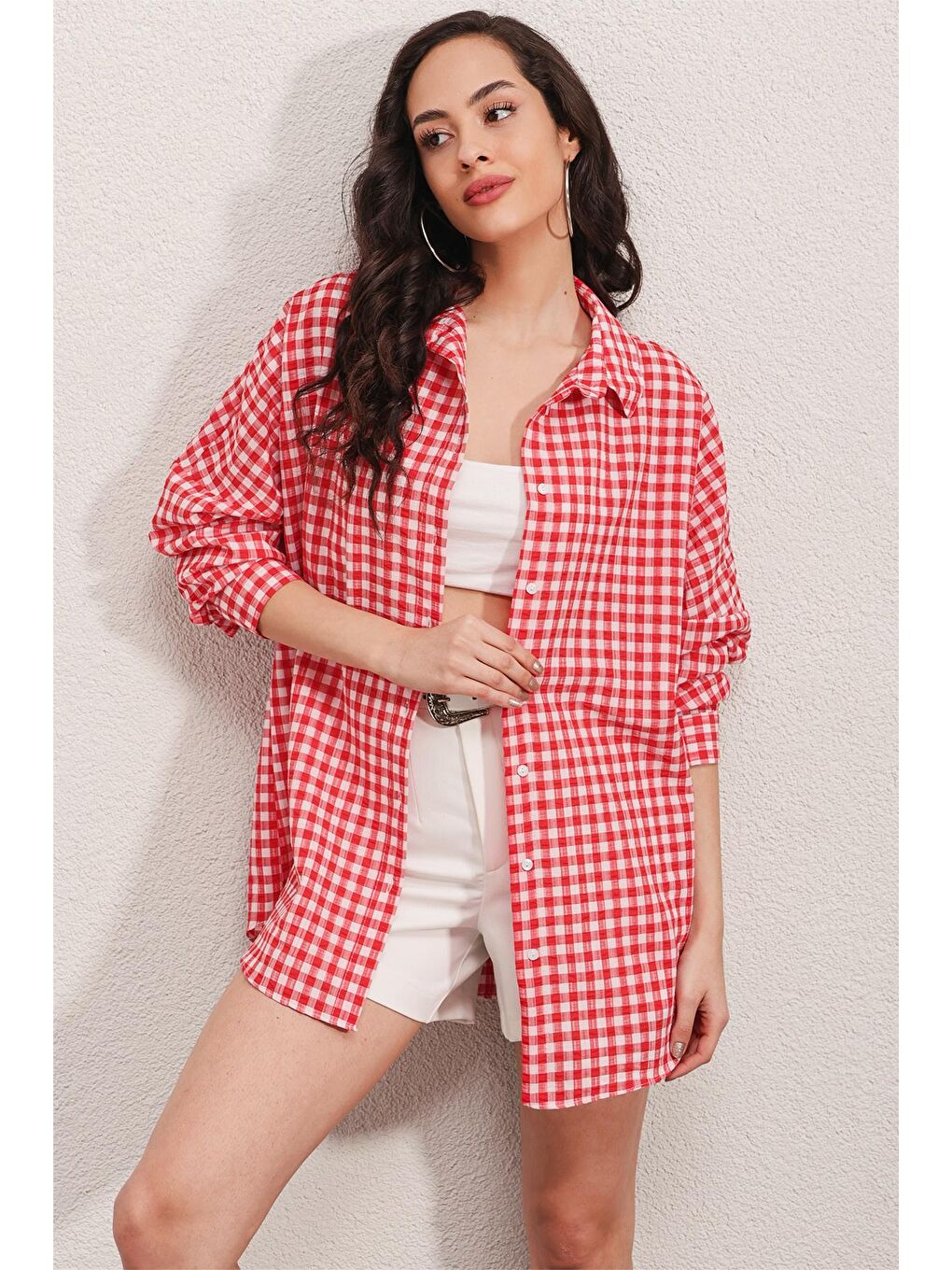 3900 Oversize Kareli Gömlek - Y.Kırmızı