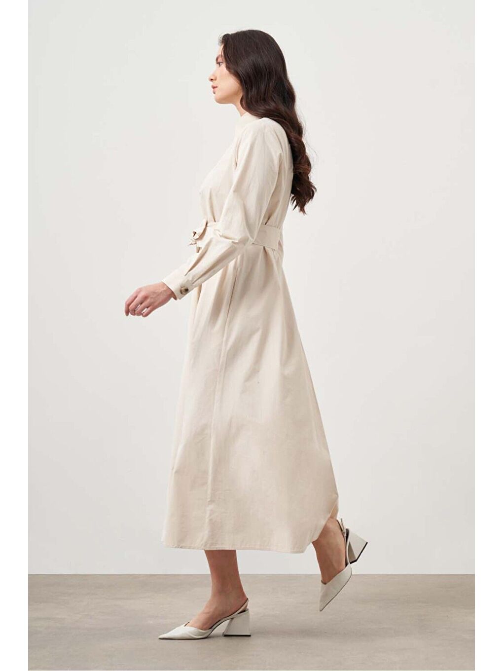 Kuşaklı Bej Trenç Elbise-1
