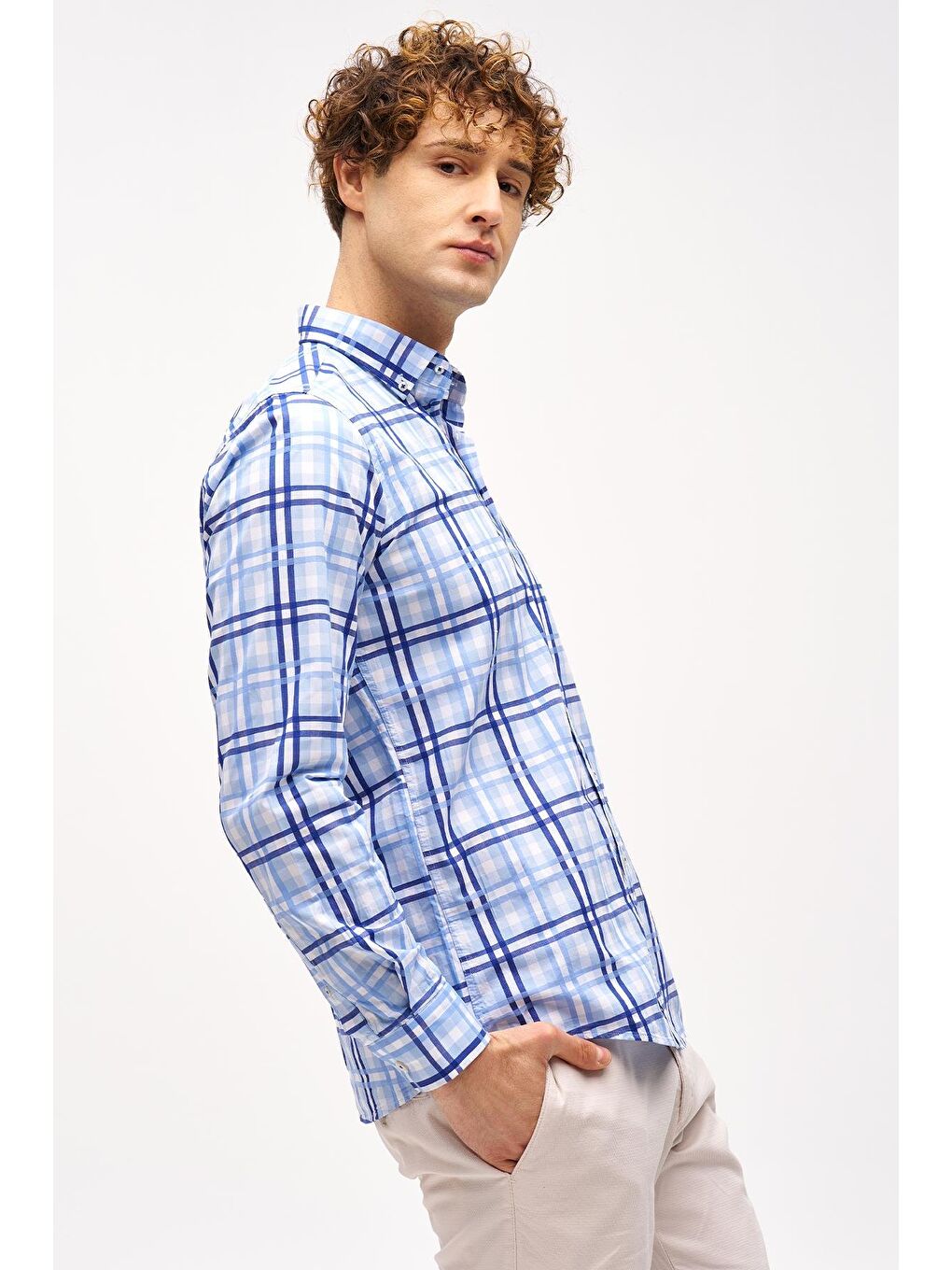 Mavi Dynamic Fit Düğmeli Yaka Ekose Uzun Kollu Cepsiz %100 Pamuk Gömlek-2