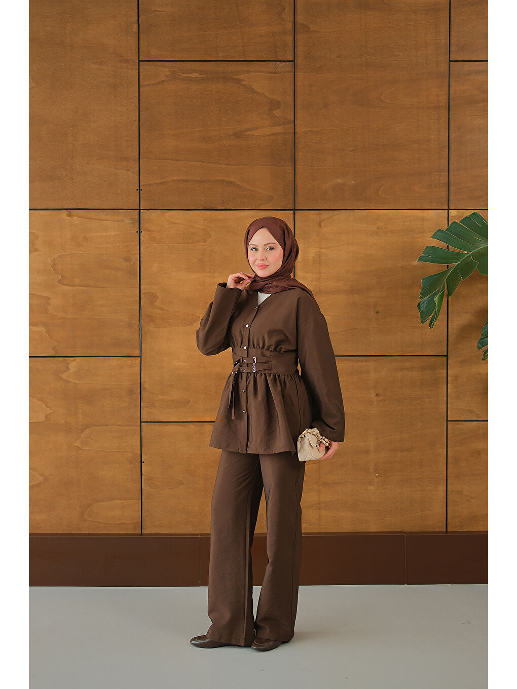 Kadın Kemer Detay İkili Takım Kahverengi-4