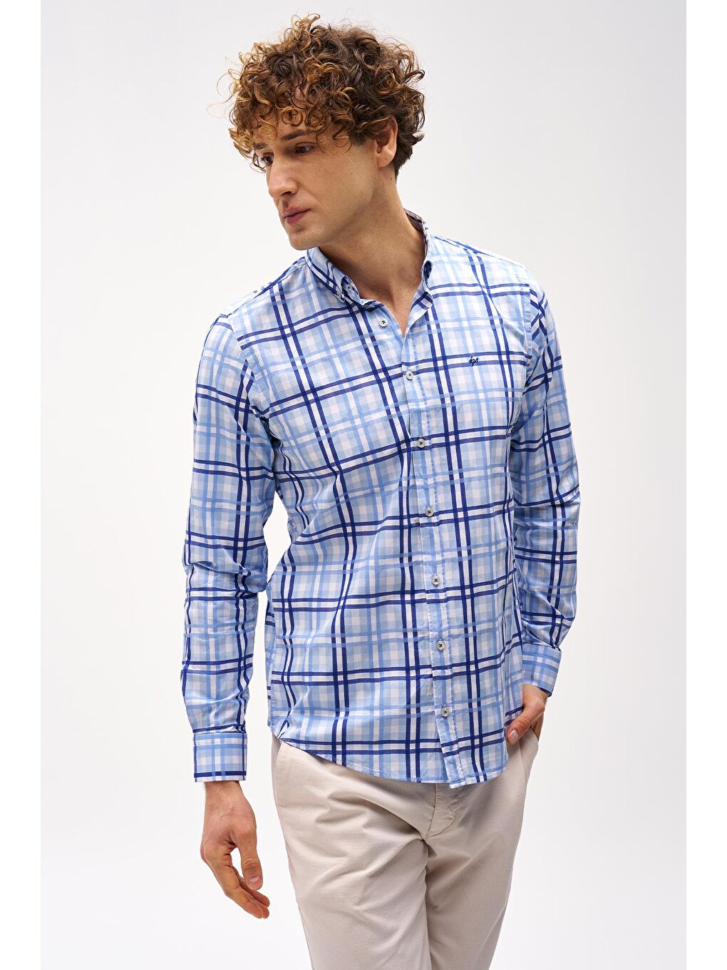 Mavi Dynamic Fit Düğmeli Yaka Ekose Uzun Kollu Cepsiz %100 Pamuk Gömlek-3