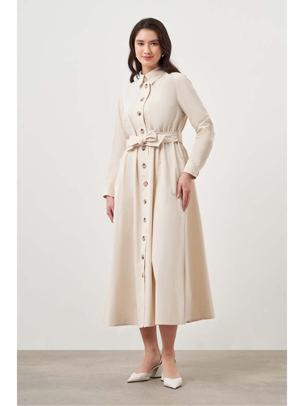 Kuşaklı Bej Trenç Elbise-2